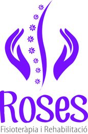 Logo de fisioterapia con manos moradas, espina dorsal y texto: "Roses Fisioteràpia i Rehabilitació".