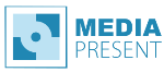 Logo mit blauem Quadrat und Text "Media Present".