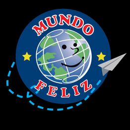 Ilustración de un planeta sonriente con texto "Mundo Feliz", estrellas y un avión de papel.