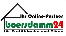 Logo von boersdamm24 mit Hausumriss, Online-Shop für Profilbleche und Türen.