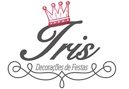 Logotipo da Iris Decorações de Festas, com uma coroa rosa e ornamentos decorativos.