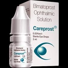 Bimatoprost ophthalmic solution bottle and box, labeled "Careprost" with a blue eye symbol.