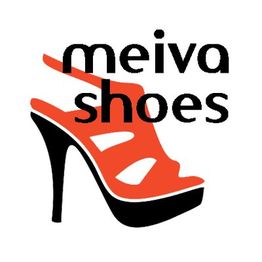 Logotipo de "Meiva Shoes" con un zapato de tacón alto rojo y negro.
