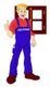 Ein Cartoon-Handwerker mit Daumen hoch, trägt blaue Latzhose und rotes Hemd vor einem Fenster.