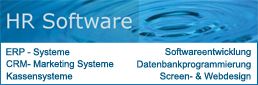 Blaues Banner mit Text: "HR Software, ERP, CRM, Kassensysteme, Softwareentwicklung, Webdesign".