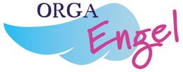 Logo mit blauer Engelsflügelgrafik und Text: "ORGA Engel" in lila und pink.