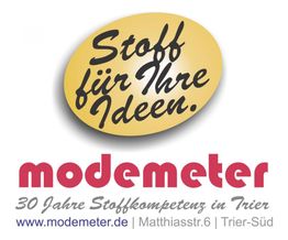 Modemeter-Logo mit Text: "Stoff für Ihre Ideen" und Adresse in Trier.