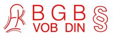 Rote Buchstaben und Symbole: BGB, VOB, DIN und ein Paragraphenzeichen auf weißem Hintergrund.