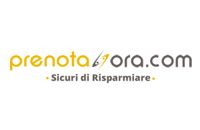 Logo "prenot@ora.com" con slogan "Sicuri di Risparmiare" su sfondo bianco.