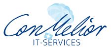 Logo mit dem Text "ConMelior IT-Services", Wolkenmotiv im Hintergrund.