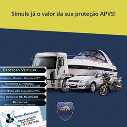 Veículos sobre fundo amarelo com texto sobre proteção veicular APVS e contato da Macedo Consultoria.