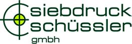 Logo von "siebdruck schüssler gmbh" mit grünem Fadenkreuz und gelbem Mittelpunkt.