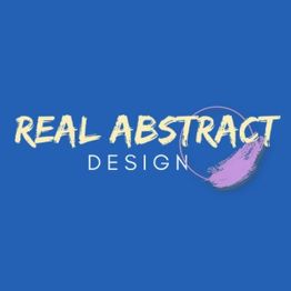 "Real Abstract Design" text on blue background with a purple brushstroke accent.