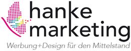 Logo von "hanke marketing", Slogan: "Werbung + Design für den Mittelstand", bunte Pixel-Grafik.