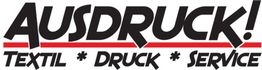 Logo mit Text "AUSDRUCK! Textil * Druck * Service" in schwarzer Schrift und roten Linien darunter.
