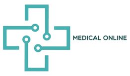 Logo con croce stilizzata e connessioni, con testo "MEDICAL ONLINE" a destra in caratteri moderni.
