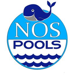 Logo with a smiling blue whale above the text "NOS POOLS" on a blue circle with waves.