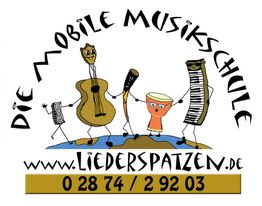 Comic-Instrumente mit Text "Die Mobile Musikschule" und Kontaktinformationen.