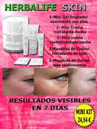 Set de cuidado facial Herbalife, incluye geles y cremas con resultados visibles en 7 días.