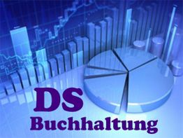 3D-Diagramm in Blau mit dem Text "DS Buchhaltung" im Vordergrund.