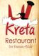 Restaurant-Logo "Kreta: Der Knossos-Palast" mit rotem Stierkopf und griechischer Säule.