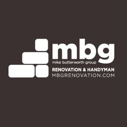 White "mbg" logo with bricks on brown background, text: Renovation & Handyman, mbgrenovation.com.