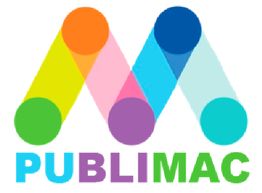 Logo de Publimac con letras coloridas y formas geométricas.