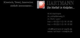 Visitenkarte von Hartmann, Knöpfe-Firma, mit Kontaktdaten und Slogan "Die Vielfalt in Knöpfen".