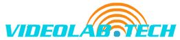 Logo "Videolab Tech" con onde arancioni sovrapposte a lettere azzurre.