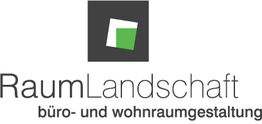 Logo von "RaumLandschaft" mit grünem Quadrat, Text "büro- und wohnraumgestaltung".