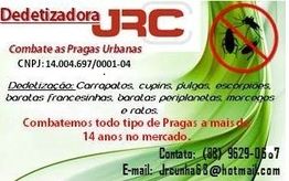 Cartão da Dedetizadora JRC, combate a pragas urbanas como carrapatos e escorpiões.