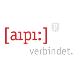 Logo mit rotem Text "[aipɪ:]", grauer Text "verbindet" und kleinem grauen "P."-Symbol rechts oben.