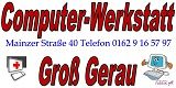 Schriftzug: "Computer-Werkstatt Groß Gerau", Adresse und Telefon, Symbole für PC-Reparatur.