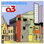 Illustration eines modernen Gebäudes mit bunten Fassaden, Logo "architekturbüro atelier 13" oben links.