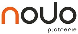 Logo avec texte "nouvo plâtrerie" en noir, lettre "n" en orange.