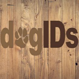 The text "dogIDs" with a paw print in place of the "o," on a wooden background.