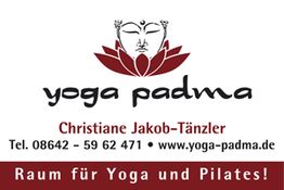 "Yoga padma Logo mit Kontaktinfos und Text 'Raum für Yoga und Pilates!'"