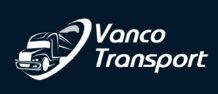 Logo mit einem Lkw und dem Schriftzug "Vanco Transport" auf dunklem Hintergrund.