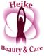 Schattenriss einer Frau in der Mitte, umgeben von Text "Heike Beauty & Care" in Beerenfarben.
