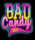 Bunter Schriftzug "BAD Candy VAPE" auf schwarzem Hintergrund, stilisiert und farbenfroh.