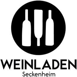 Schwarzes Logo mit drei Flaschen und dem Text "Weinladen Seckenheim".