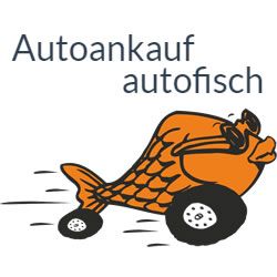 Auto mit Fischkopf und Sonnenbrille, auf zwei Reifen. Text: "Autoankauf autofisch".