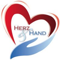 Rotes Herz und blaue Hand mit dem Text "Herz & Hand" in der Mitte.