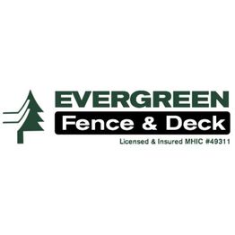 Logo of Evergreen Fence & Deck with tree symbol and text "Licensed & Insured MHIC #49311".