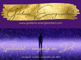 Titelbild mit Schriftzug "Goldene Energiearbeit", Person im Licht, Text: "Spiritualität - einzigartig wie Du".