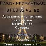 Texte sur image de la Tour Eiffel la nuit : Assistance informatique et contacts.