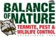 Logo with "Balance of Nature" and pest control text, featuring a raccoon illustration.
