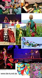 Collage von Menschen mit Körperbemalungen in bunten Designs in verschiedenen Posen und Umgebungen.