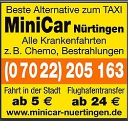 Gelbes Minicar-Werbeschild mit Telefonnummer, Krankenfahrten, Stadttouren ab 5 € und Flughafen.