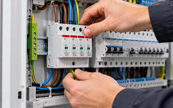 Nahaufnahme eines Elektrikers, der einen Überspannungsschutz im geöffneten Sicherungskasten installiert und die elektrischen Leitungen anschließt, um die Hausinstallation vor Spannungsspitzen zu schützen.